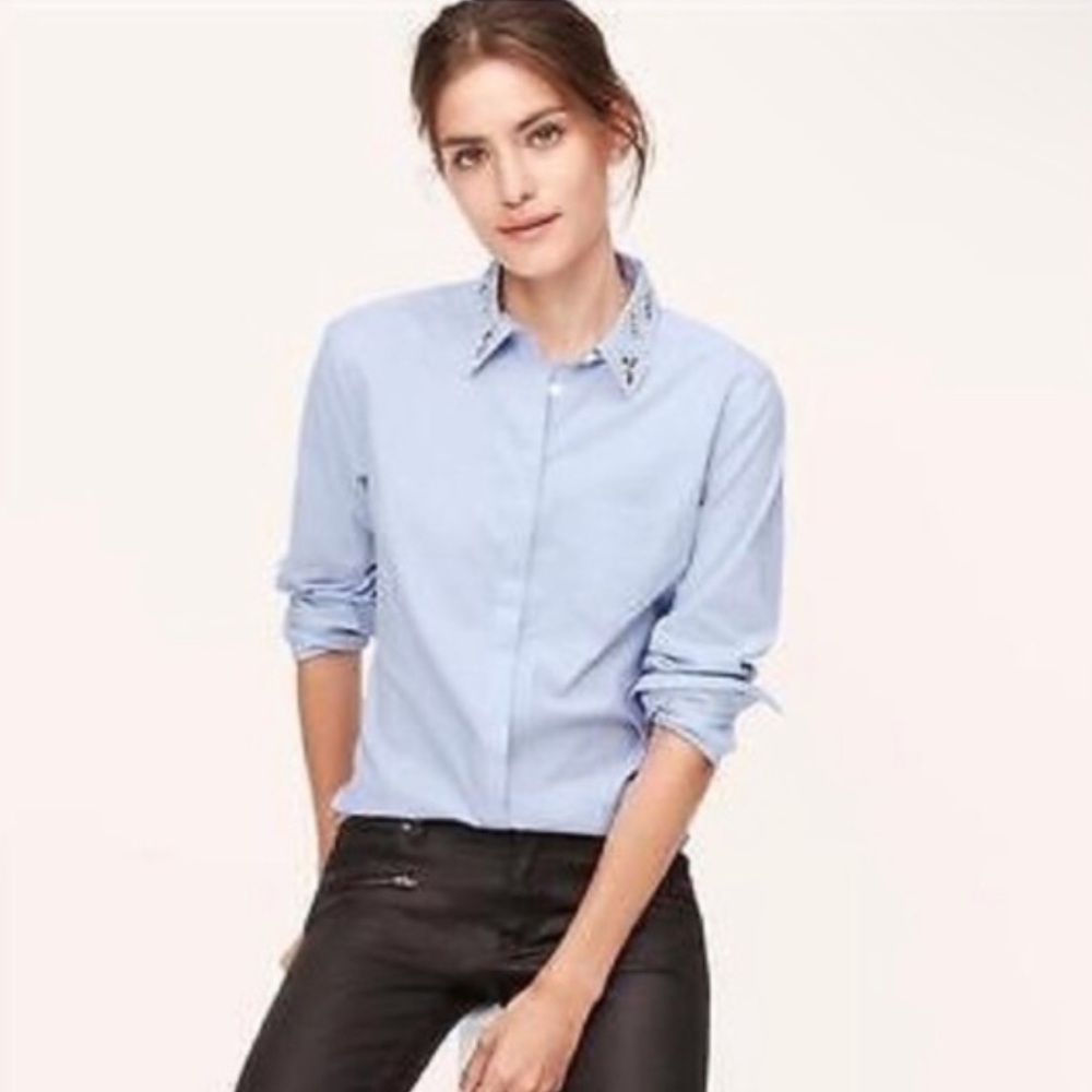 LOFT The Softener Shirt Jeweled Collar Button Down Shirt Blue Size Medium